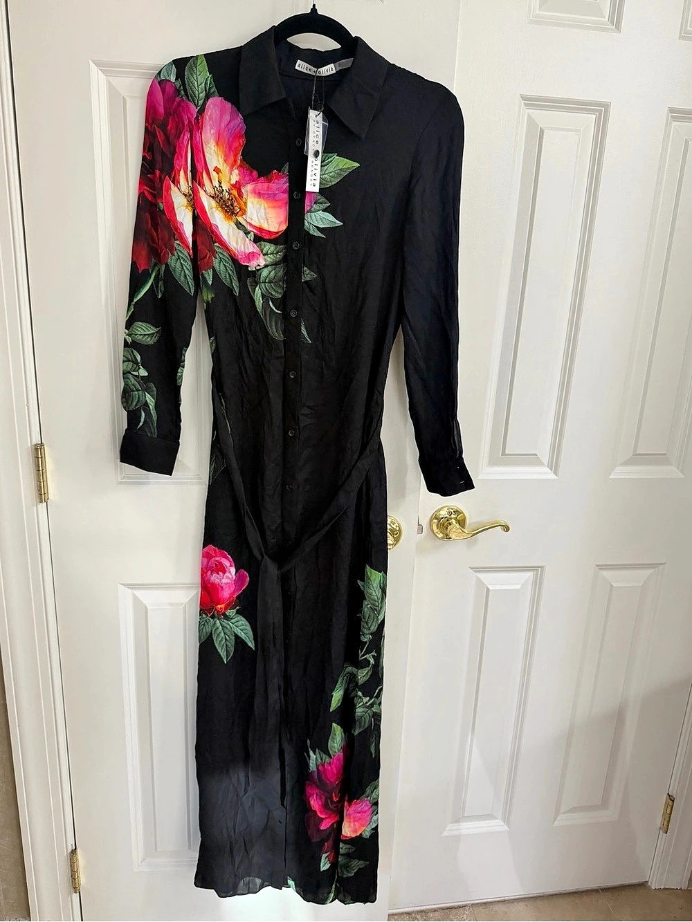 alice + olivia Chassidy Maxi Shirt Dress Black & Pink XS